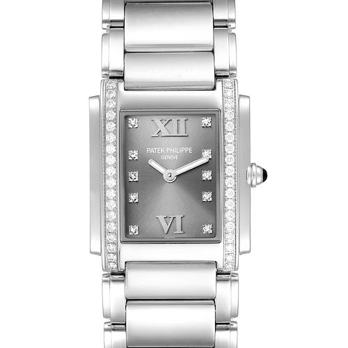 The Patek Philippe Twenty-4 4910/10A-010 Women's Stainless Steel Grey Dial 4910/10A-010 Women's Stainless Steel Grey Dial watch is shown from a direct front angle, highlighting its rectangular face, bracelet links, and diamond accents.