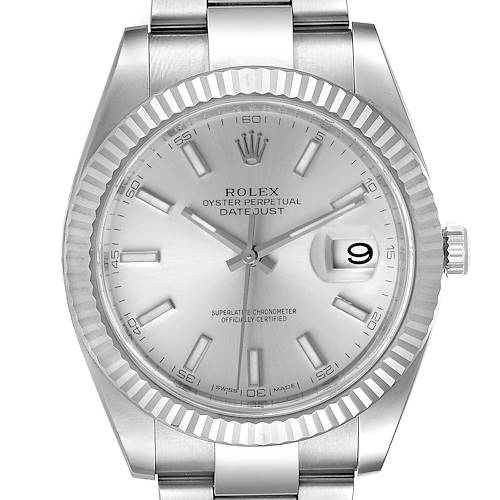 The Rolex Datejust 41 126334 Men's Stainless Steel Silver Dial 126334 Men's Stainless Steel Silver Dial watch is shown from the front, highlighting the dial, bezel, and a portion of the bracelet.