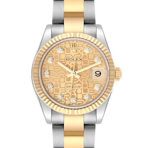 The Rolex Mid-Size 178273 Women's Steel and Gold (two tone) Champagne Dial 178273 Women's Steel and Gold (two tone) Champagne Dial watch is shown from a front angle, highlighting its bezel, crown, bracelet, and dial with date feature.