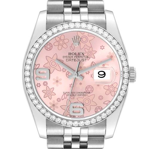 This is a frontal view of a Rolex Datejust 116244 Women's Stainless Steel Pink Dial 116244 Women's Stainless Steel Pink Dial watch showing the face, bezel, and part of the bracelet.