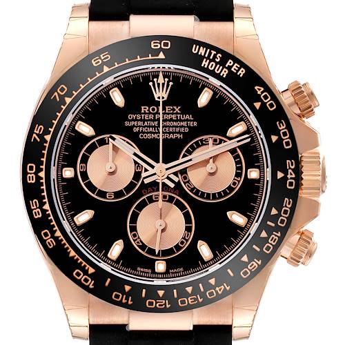 The Rolex Daytona 116515 Men's Rose Gold Black Dial 116515 Men's Rose Gold Black Dial watch model is shown from a frontal angle, highlighting its black dial, subdials, and bezel with gold accents.
