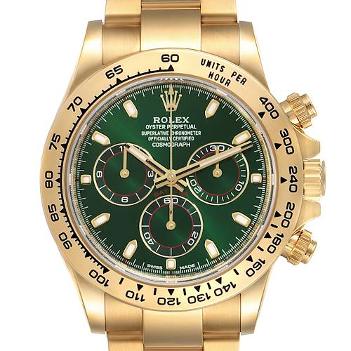 The image shows a front view of a Rolex Daytona 116508 Men's Yellow Gold Green Dial 116508 Men's Yellow Gold Green Dial watch displaying the green dial, chronograph subdials, bezel, and band.