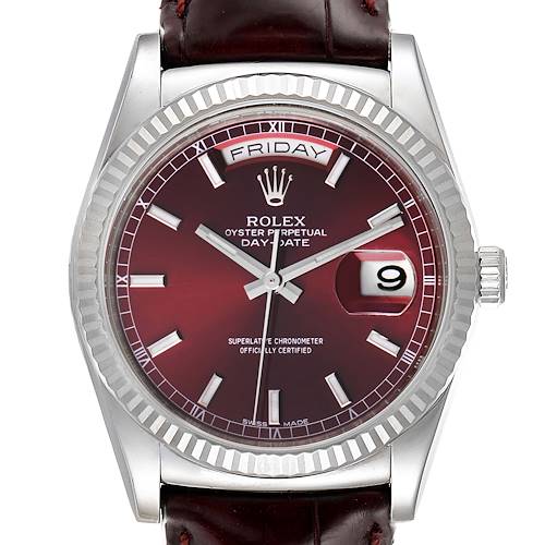 This image shows a front view of the Rolex President 118139 Men's White Gold Burgundy Dial 118139 Men's White Gold Burgundy Dial model watch, displaying its face, bezel, crown, and leather strap.