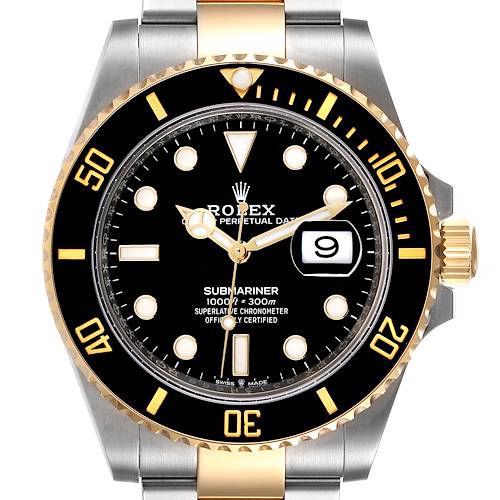The image shows a front view of the Rolex Submariner 126613 Men's Steel and Gold (two tone) Black Dial 126613 Men's Steel and Gold (two tone) Black Dial watch, displaying its face, bezel, and part of the bracelet.