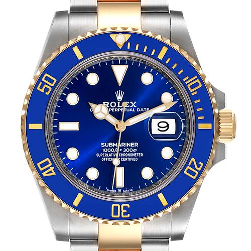 This Rolex Submariner 126613 Men's Steel and Gold (two tone) Blue Dial 126613 Men's Steel and Gold (two tone) Blue Dial watch is shown from a front angle, displaying its blue dial, bezel, and the two-tone bracelet.