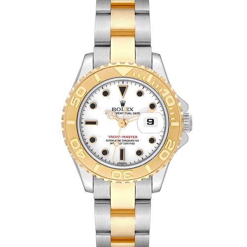 The Rolex Yacht-Master 69623 Women's Steel and Gold (two tone) White Dial 69623 Women's Steel and Gold (two tone) White Dial watch is shown in a front view, displaying the dial, bezel, and bracelet.