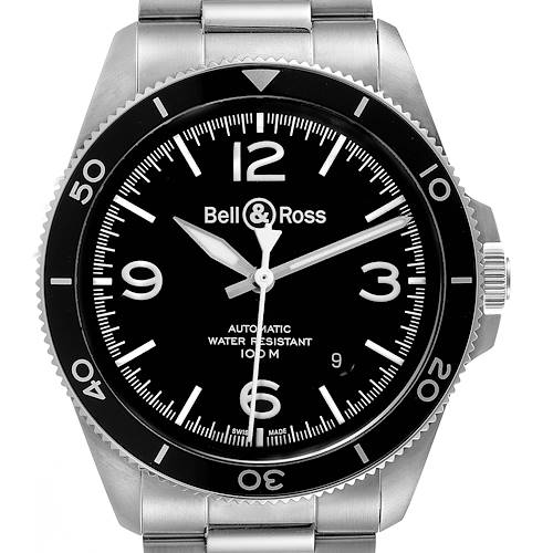 The image shows a front view of a Bell & Ross Heritage BRV292-BL-ST/SST Men's Stainless Steel Black Dial BRV292-BL-ST/SST Men's Stainless Steel Black Dial model watch, highlighting its bezel, dial, hands, and bracelet.