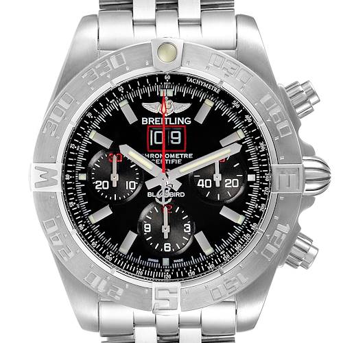 This image shows a front view of the Breitling Chronomat A44360 Men's Stainless Steel Black Dial A44360 Men's Stainless Steel Black Dial model watch, highlighting its dial, bezel, and chronograph functions.
