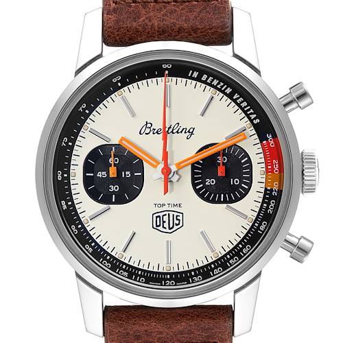 The image shows a frontal view of the Breitling Professional Series A23310.121.G1X1 Men's Stainless Steel White Dial A23310.121.G1X1 Men's Stainless Steel White Dial Top Time Deus model watch with a brown leather strap and multiple dials.