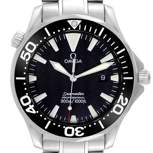The image shows the front view of an Omega Seamaster 2264.50.00 Men's Stainless Steel Black Dial 2264.50.00 Men's Stainless Steel Black Dial watch, highlighting the dial, bezel, hands, and bracelet.
