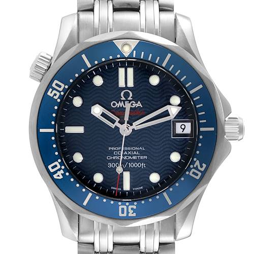 The image shows a front view of the Omega Seamaster 2222.80.00 Men's Stainless Steel Blue Dial 2222.80.00 Men's Stainless Steel Blue Dial watch, highlighting its blue dial, bezel, and stainless steel strap.