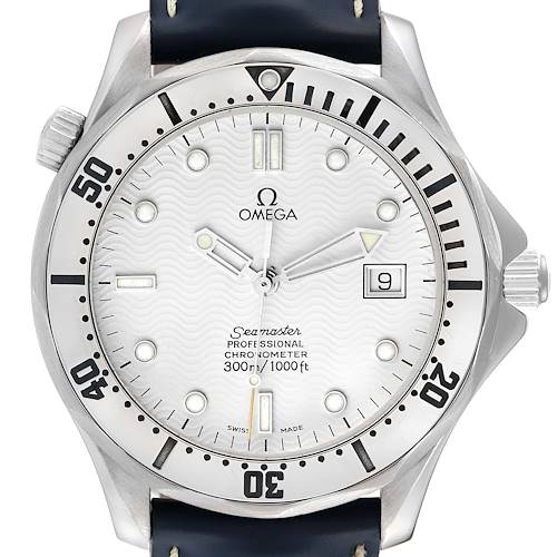 This image shows a close-up, front angle of the Omega Seamaster 2532.20.00 Men's Stainless Steel White Dial 2532.20.00 Men's Stainless Steel White Dial watch featuring its dial, bezel, and part of the strap.