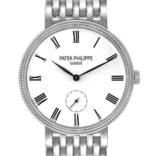 The image shows a front view of the face and bracelet of a Patek Philippe Calatrava 7119G Women's White Gold White Dial 7119G Women's White Gold White Dial watch.