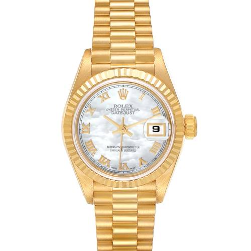 The Rolex President 69178 Women's Yellow Gold Mother of Pearl Dial 69178 Women's Yellow Gold Mother of Pearl Dial model watch is shown from a top-down angle, displaying the face, bracelet, date window, and fluted bezel.