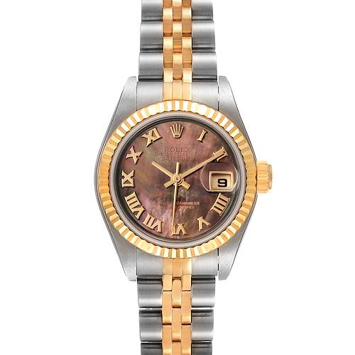The image shows a Rolex Datejust 79173 Women's Steel and Gold (two tone) Mother of Pearl Dial 79173 Women's Steel and Gold (two tone) Mother of Pearl Dial watch from a front view, highlighting the face, bezel, and two-tone bracelet.