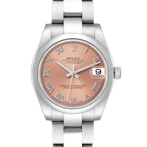 This image shows a frontal view of a Rolex Datejust Mid-Size watch with a pink dial and stainless steel bracelet.