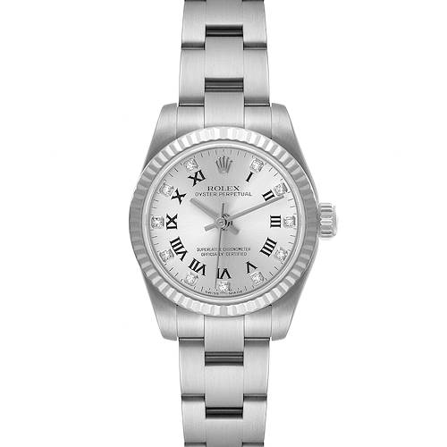 This image shows a frontal view of the Rolex Oyster Perpetual 176234 Women's Stainless Steel Silver Dial 176234 Women's Stainless Steel Silver Dial watch displaying the dial, bezel, crown, and bracelet.