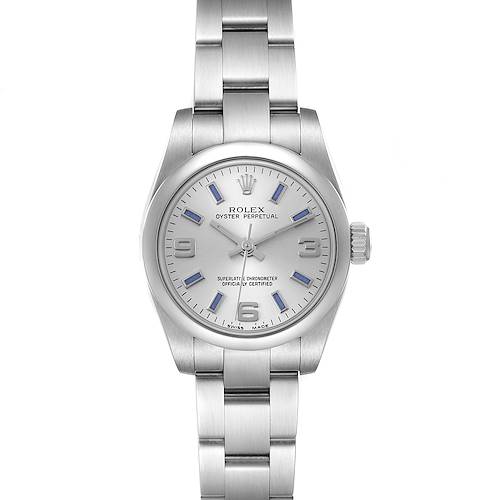 This image shows a front view of a Rolex Oyster Perpetual 176200 Women's Stainless Steel Silver Dial 176200 Women's Stainless Steel Silver Dial watch, highlighting the dial, hands, crown, and bracelet.