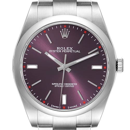 The image shows a front view of a Rolex Oyster Perpetual 114300 Men's Stainless Steel Burgundy Dial 114300 Men's Stainless Steel Burgundy Dial watch, highlighting the dial, hands, and part of the bracelet.