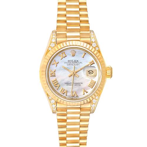This Rolex President 79188 Women's Yellow Gold Mother of Pearl Dial 79188 Women's Yellow Gold Mother of Pearl Dial model watch is shown from a straight-on angle, showcasing its gold bracelet, mother-of-pearl dial, and diamond details.