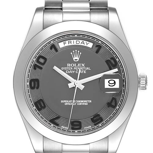 The Rolex President 218206 Men's Platinum Black Dial 218206 Men's Platinum Black Dial model is shown from a front view, displaying the dial, bezel, crown, and part of the bracelet.