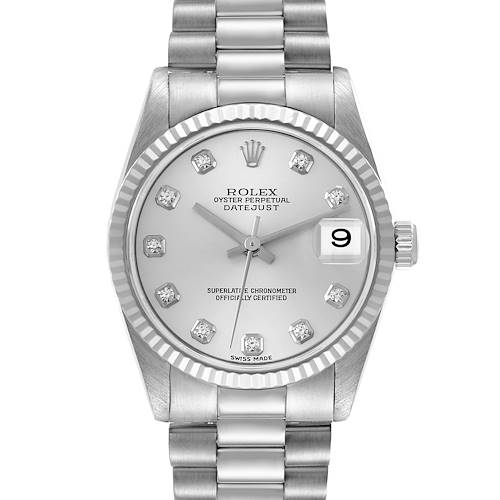 The image shows a front view of a Rolex President 78279 Women's White Gold Silver Dial 78279 Women's White Gold Silver Dial model watch, featuring the dial, bezel, crown, and part of the bracelet.