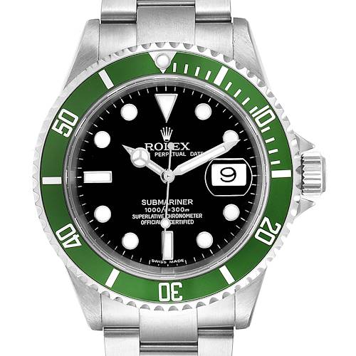 This image shows a front view of a Rolex Submariner 16610LV Men's Stainless Steel Black Dial 16610LV Men's Stainless Steel Black Dial watch, displaying the dial, bezel, and part of the bracelet.