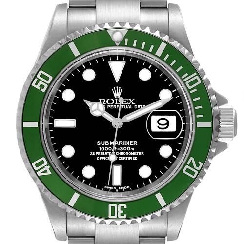 This image shows a front view of a Rolex Submariner 16610LV Men's Stainless Steel Black Dial 16610LV Men's Stainless Steel Black Dial watch with a green bezel, black dial, and date display.