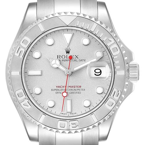 The image shows a front view of a Rolex Yacht-Master 16622 Men's Stainless Steel Silver Dial 16622 Men's Stainless Steel Silver Dial watch, highlighting its face, bezel, and part of the bracelet.