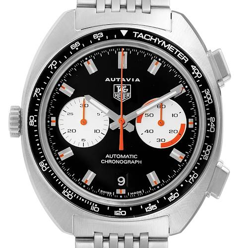 This image shows a front view of the Tag Heuer Autavia CY2111 Men's Stainless Steel Black Dial CY2111 Men's Stainless Steel Black Dial watch, highlighting the dial, chronograph subdials, and tachymeter bezel.