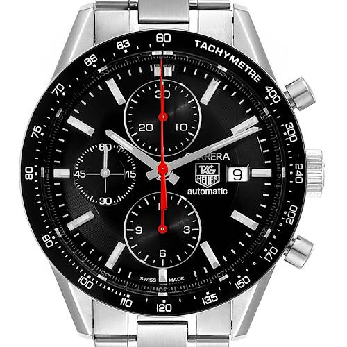 The image shows a frontal view of the Tag Heuer Carrera CV2014.BA0794 Men's Stainless Steel Black Dial CV2014.BA0794 Men's Stainless Steel Black Dial watch face, displaying its dials, date window, and tachymeter bezel.