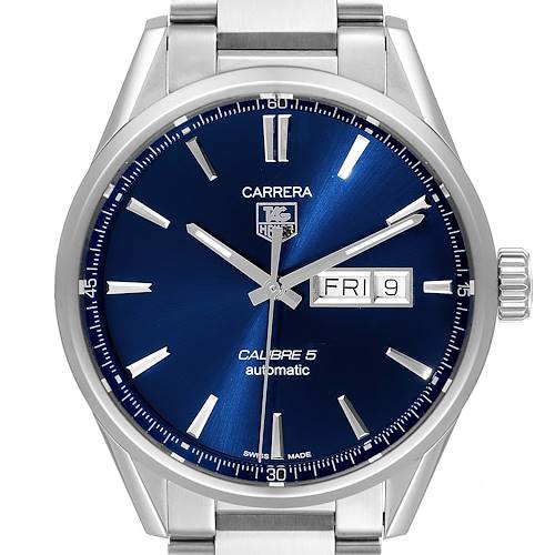 The Tag Heuer Carrera WAR201E.BA0723 Men's Stainless Steel Blue Dial WAR201E.BA0723 Men's Stainless Steel Blue Dial model is shown from a front angle, displaying the dial, hands, and part of the bracelet.