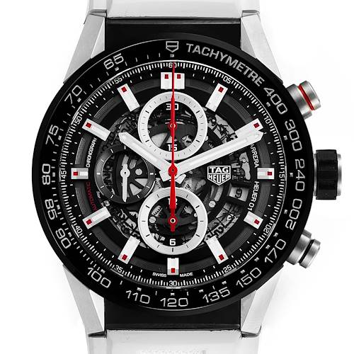 This image shows a front view of the Tag Heuer Carrera CAR2A1Z.FT6051 Men's Stainless Steel Black Dial CAR2A1Z.FT6051 Men's Stainless Steel Black Dial model, featuring the dial, chronograph subdials, and tachymeter bezel.
