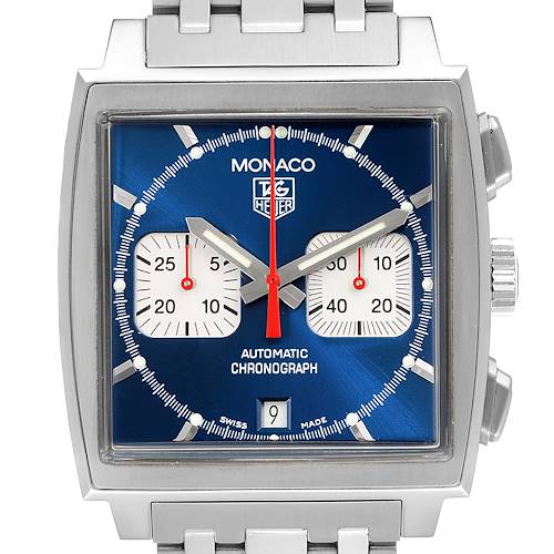 The image shows a front view of the Tag Heuer Monaco CW2113.BA0780 Men's Stainless Steel Blue Dial CW2113.BA0780 Men's Stainless Steel Blue Dial watch, featuring a blue dial with two subdials, date display, and chronograph functions.