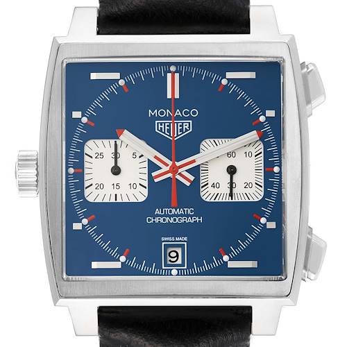 This is a front view of a Tag Heuer Monaco CAW211P Men's Stainless Steel Blue Dial CAW211P Men's Stainless Steel Blue Dial watch, showing the dial, hands, sub-dials, and date window.