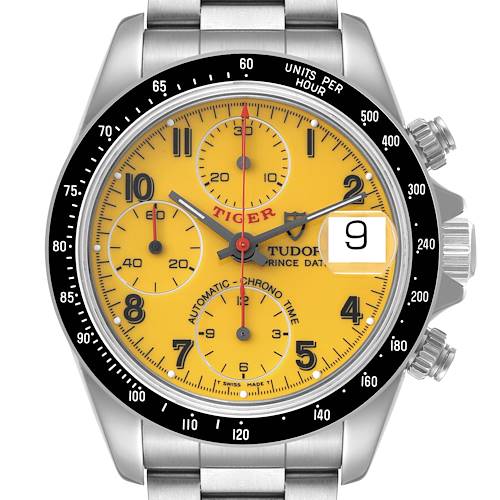 This image shows a frontal view of the Tudor Tiger 79260 Men's Stainless Steel Yellow Dial 79260 Men's Stainless Steel Yellow Dial watch, highlighting the yellow dial, chronographs, and date window.