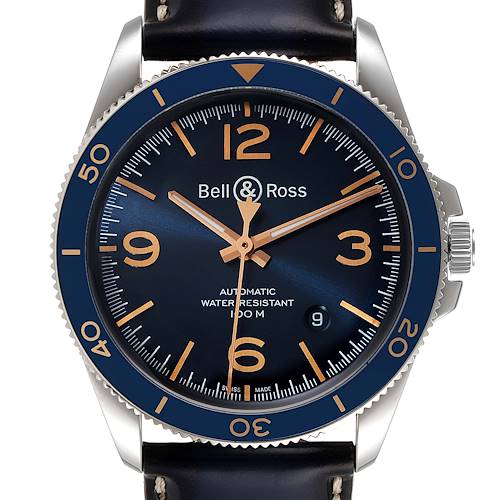 This image shows a front view of a Bell & Ross Heritage BRV292-BU-G-ST/SCA Men's Stainless Steel Blue Dial BRV292-BU-G-ST/SCA Men's Stainless Steel Blue Dial model watch face, bezel, and part of the strap.