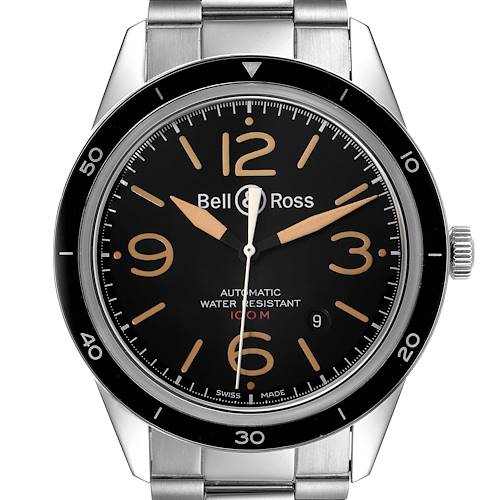 The image shows the front view of a Bell & Ross Heritage BRV123-ST-HER/SST Men's Stainless Steel Black Dial BRV123-ST-HER/SST Men's Stainless Steel Black Dial model watch, featuring a black dial with tan numbers and a stainless steel bracelet.