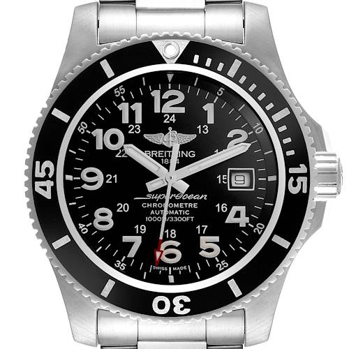 The Breitling Superocean A17392 Men's Stainless Steel Black Dial A17392 Men's Stainless Steel Black Dial watch is shown from a front angle, displaying the dial, bezel, crown, and bracelet.