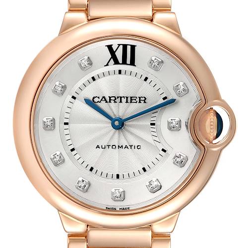 This image shows a front view of a Cartier Ballon Bleu WE902026 Women's Rose Gold Silver Dial WE902026 Women's Rose Gold Silver Dial watch, displaying its dial, hands, diamond hour markers, and bracelet.