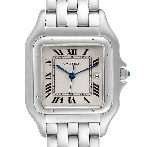 The image shows a front view of a Cartier Panthere W25032P5 Men's Stainless Steel Silver Dial W25032P5 Men's Stainless Steel Silver Dial watch, highlighting its square face, silver band, and blue hands.