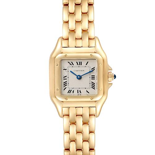 This image shows the front view of a Cartier Panthere W25022B9 Women's Yellow Gold Silver Dial W25022B9 Women's Yellow Gold Silver Dial watch, featuring its square dial and link bracelet.