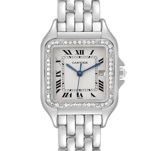 The Cartier Panthere XL Women's White Gold Silver Dial XL Women's White Gold Silver Dial watch is shown from the front, displaying its dial, bezel with diamonds, and part of the bracelet.