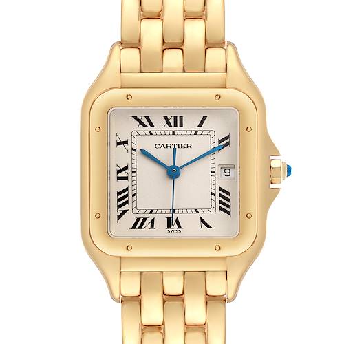 The image shows a front view of the Cartier Panthère watch, highlighting the gold case, Roman numerals, and the linked bracelet.