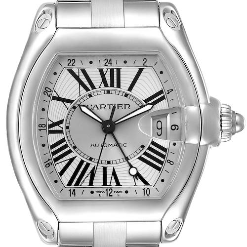 The Cartier Roadster W62032X6 Men's Stainless Steel Silver Dial W62032X6 Men's Stainless Steel Silver Dial watch is shown from a front angle, highlighting the dial, Roman numerals, and date window.