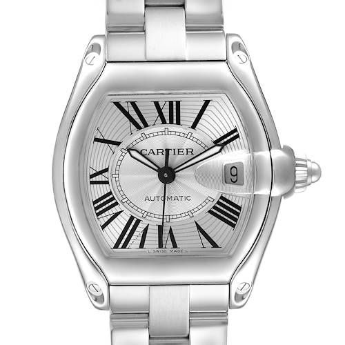 The Cartier Roadster W62025V3 Men's Stainless Steel Silver Dial W62025V3 Men's Stainless Steel Silver Dial watch is shown from a front view, highlighting its dial, Roman numerals, date window, and bracelet.