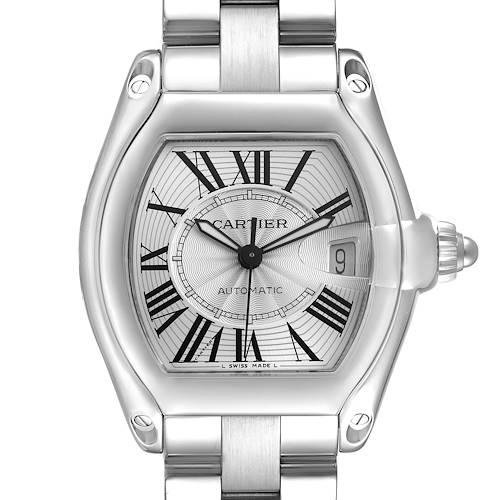 The Cartier Roadster W62025V3 Men's Stainless Steel Silver Dial W62025V3 Men's Stainless Steel Silver Dial watch is shown from a front angle, highlighting the dial, crown, case, and bracelet.