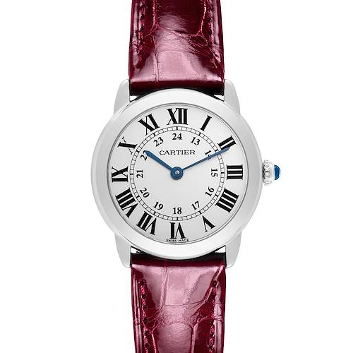 The Cartier Ronde W6700155 Women's Stainless Steel Silver Dial W6700155 Women's Stainless Steel Silver Dial watch is shown from the front, displaying its Roman numeral dial and burgundy leather strap.