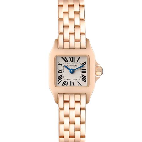 This image shows a Cartier Santos Demoiselle W25077X9 Women's Rose Gold Silver Dial W25077X9 Women's Rose Gold Silver Dial watch from a top view, highlighting its face, band, and part of the crown.
