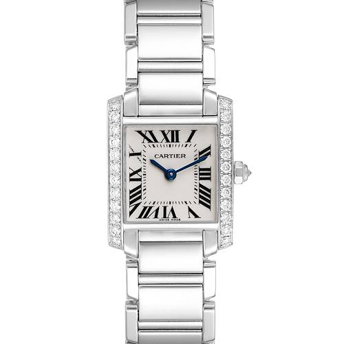 This image shows a front view of the Cartier Tank Francaise WE1002S3 Women's White Gold Silver Dial WE1002S3 Women's White Gold Silver Dial watch highlighting its face, bezel, and bracelet.